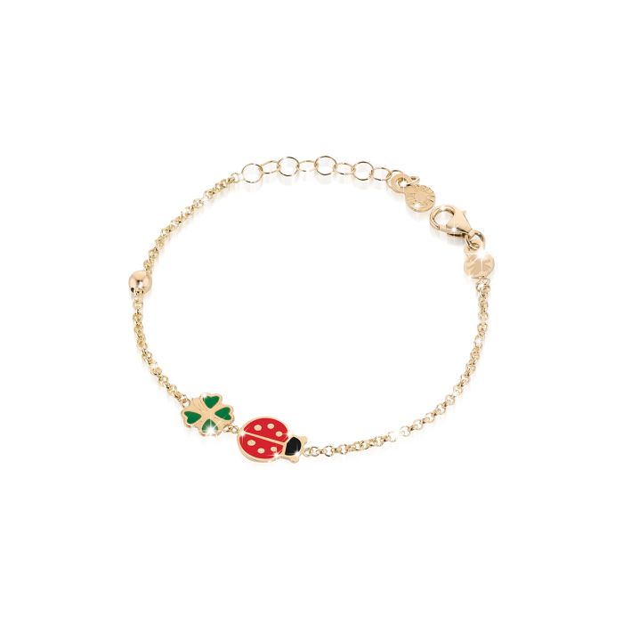 Le Bebé Bracciale Fortuna con coccinella e quadrifoglio in oro giallo