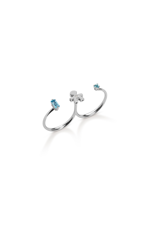 Les Bonbons two-finger ring with Boy silhouette, in white gold with topaz, aquamarine and diamond 