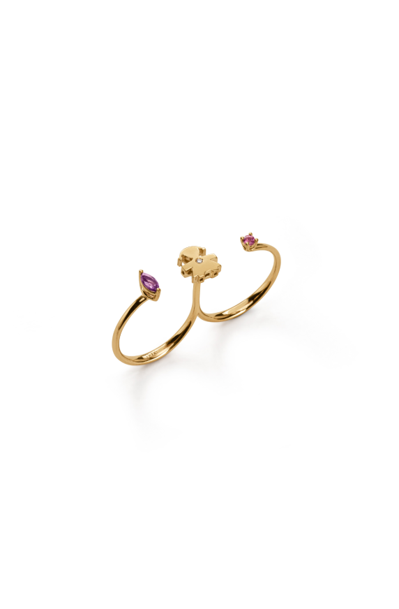 Les Bonbons two-finger ring with Girl silhouette, in yellow gold with amethyst, tourmaline and diamond