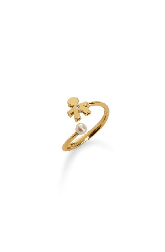 Anello contrarié sagoma bimbo in oro giallo 9kt con diamante da 0,005 ct e perla da 3-3,5 mm