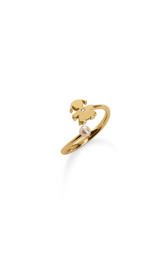 Anello contrarié sagoma bimba in oro giallo 9kt con diamante da 0,005 ct e perla da 3-3,5 mm