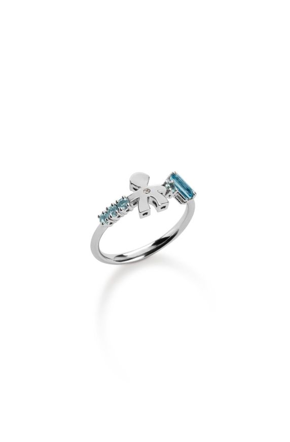 ANELLO LES BONBONS CON SAGOMA BIMBO, IN ORO BIANCO CON TOPAZIO, ACQUAMARINE E DIAMANTE