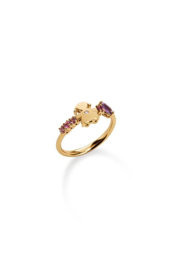 Anello sagoma bimba in oro giallo 9Kt con diamante da 0,005ct, ametista viola taglio navette e tormaline rosa