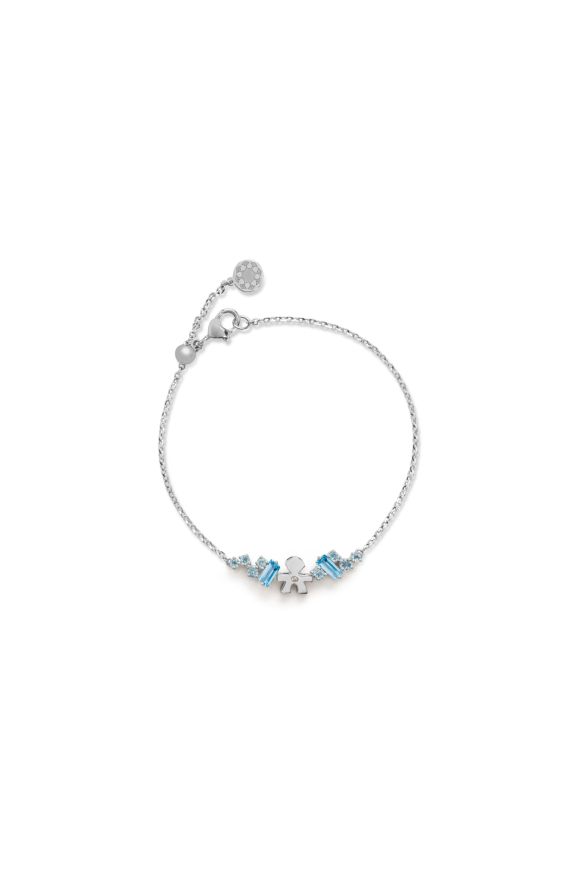 Bracciale Les Bonbons con sagoma bimbo, in oro bianco con topazi, acquamarine e diamante