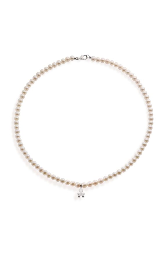 Le Perle necklace with Boy silhouette and heart, in yellow gold with pearls and  diamond 