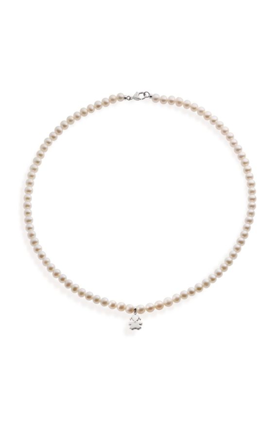 Le Perle necklace with Girl silhouette and heart, in yellow gold with pearls and  diamond 