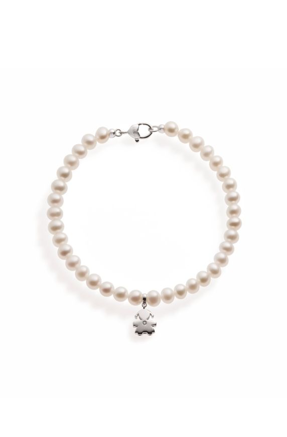 Le Perle bracelet with Girl silhouette and heart, in white gold with pearls and diamond