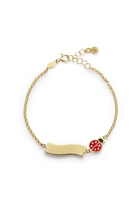 Bracciale "Fortuna" in oro giallo 9kt con coccinella smaltata e targhetta.