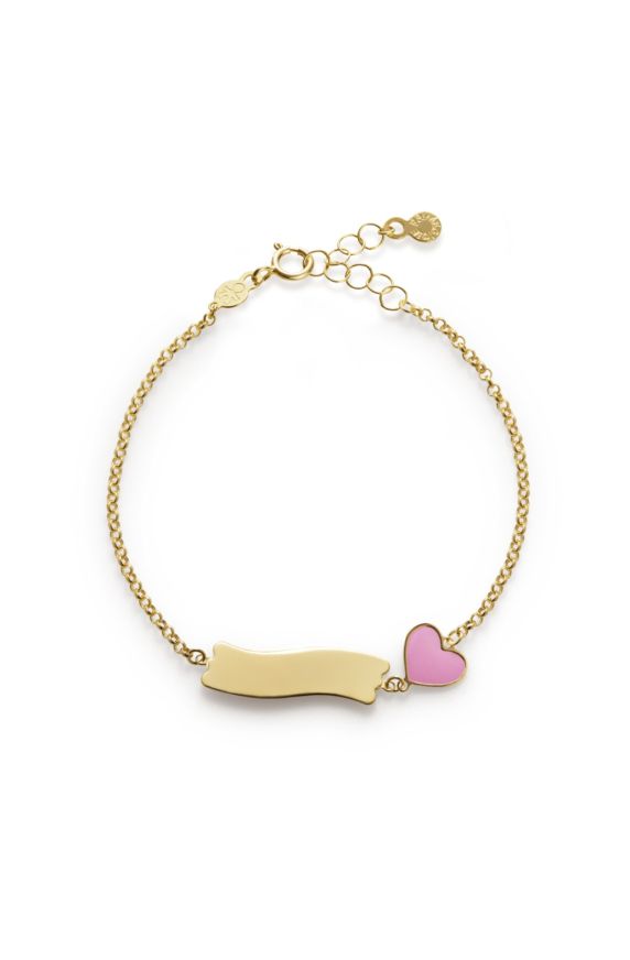 Bracciale "Fortuna" in oro giallo 9kt con cuore smaltato e targhetta. 