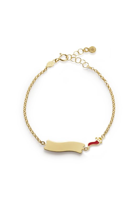 Bracciale "Fortuna" in oro giallo 9kt con cornetto smaltato e targhetta. 