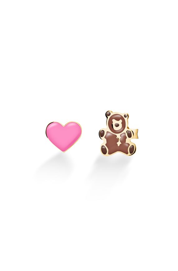 Fortuna Earrings in yellow gold with heart and teddy bear