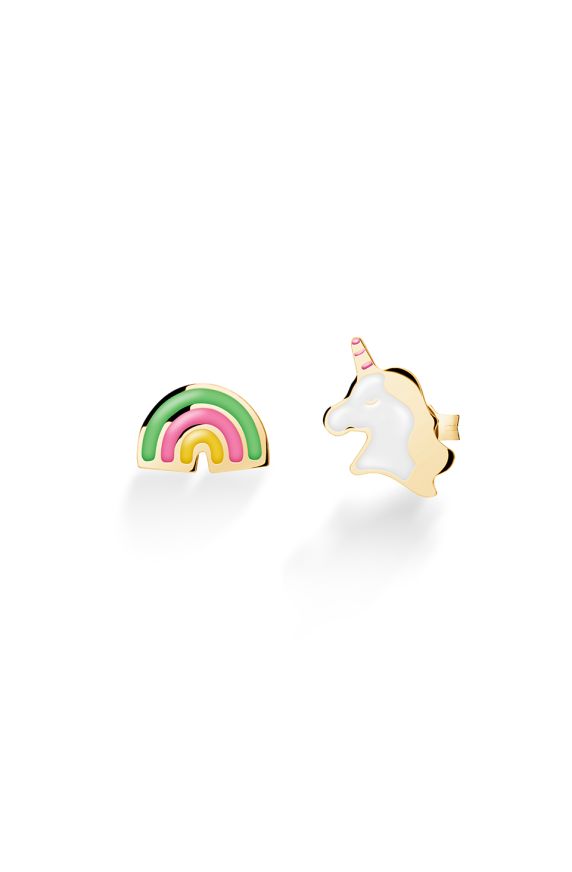 Fortuna Earrings in yellow gold with unicorn and rainbow
