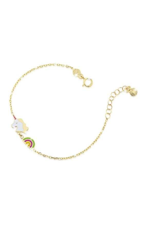 Toys Bracelet in yellow gold with rainbow and unicorn
