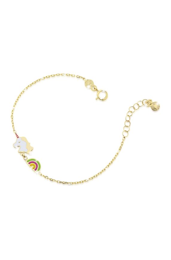 Bracciale Toys con arcobaleno e unicorno in oro giallo