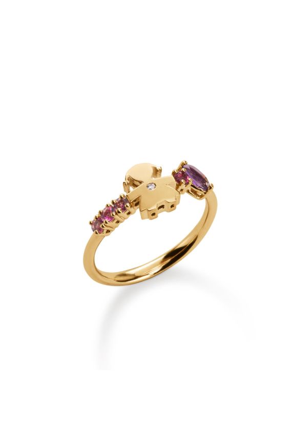 Les Bonbons ring with Girl silhouette, in yellow gold with amethyst, tourmalines and diamond